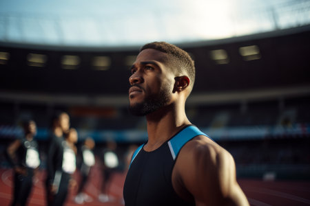 Portrait of a focused male athlete at the start of a raceの素材
