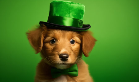 vA cute puppy wearing a St Patricks day costume against a green backgroundの素材