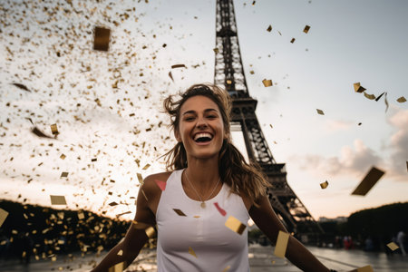 Portrait of a happy athlete celebrating winning success with France, Paris Eiffel tower backgroundの素材