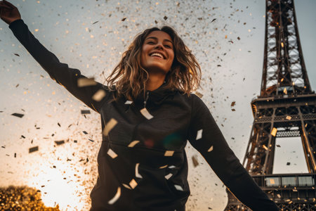 Portrait of a happy athlete celebrating winning success with France, Paris Eiffel tower backgroundの素材