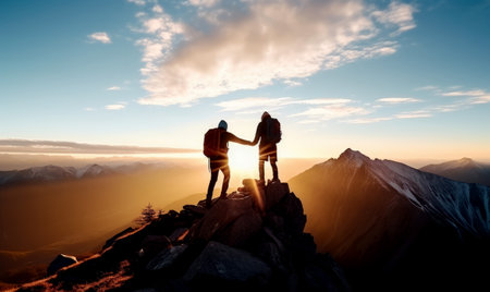 Silhouette of people reaching the top of a mountain. Teamwork and cooperationの素材