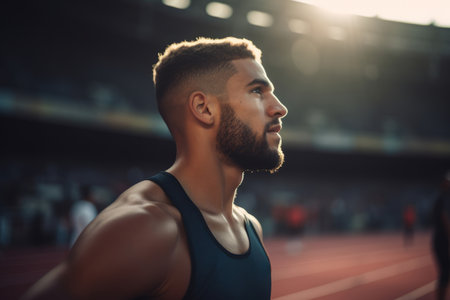 Portrait of a focused male athlete at the start of a raceの素材