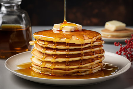 A stack of freshly made pancakes with butter and syrupの素材