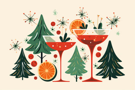 Christmas classic cocktail festive drink with Christmas tree illustration.の素材