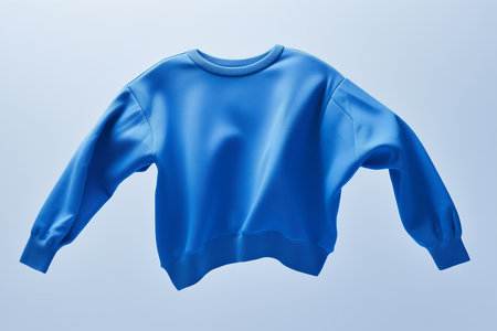 A plain blue sweatshirt floating on a plain backgroundの素材
