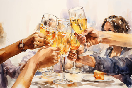 Watercolour style illustration of people toasting with champagne or wine glasses. Generative aiの素材
