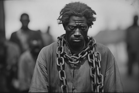A historic portrait of a black african slave with metal chainsの素材