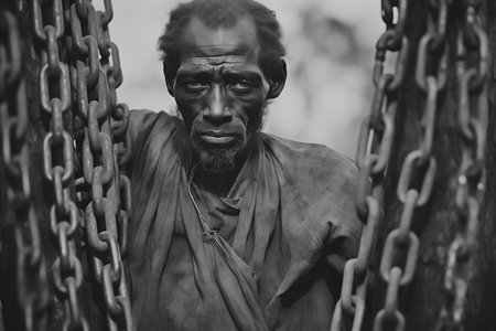 A historic portrait of a black african slave with metal chainsの素材