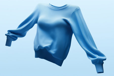 A plain blue sweatshirt floating on a plain backgroundの素材