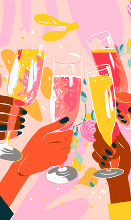 Hands toasting with glasses of champagne. Abstract Celebration or party graphicの素材