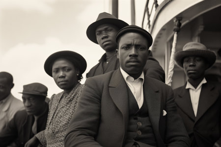 A vintage black and white photo of Caribbean citizens arriving on a boat to the UK after the warの素材