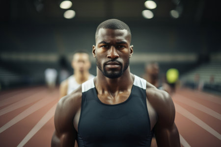 Portrait of a focused male athlete at the start of a raceの素材