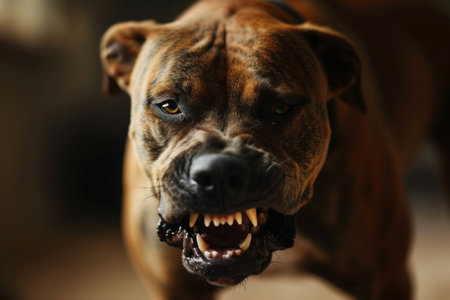 an angry aggressive pit bull terrier type dog snarling at the camera with sharp teethの素材