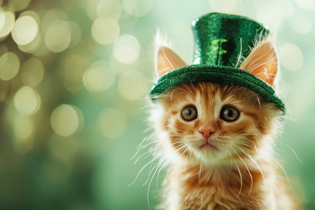 A cute kitten wearing a St Patricks day costume against a green backgroundの素材