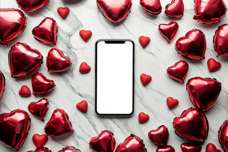 flat lay view of a mobile phone mockup surrounded by valentine heart shaped balloonsの素材
