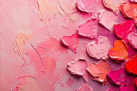 Valentines day painted love hearts in thick paint, red orange and pink colorsの素材