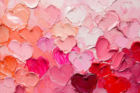 Valentines day painted love hearts in thick paint, red orange and pink colorsの素材