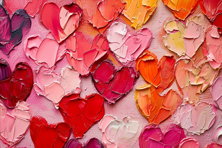 Valentines day painted love hearts in thick paint, red orange and pink colorsの素材