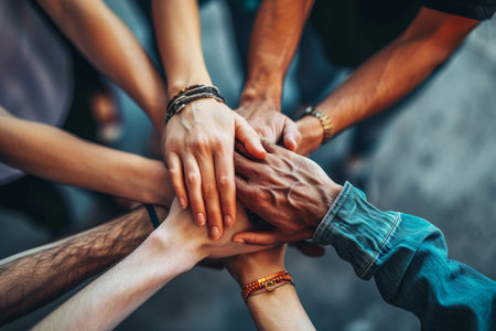 A group of people with their hands together. Business teamwork and supportの素材