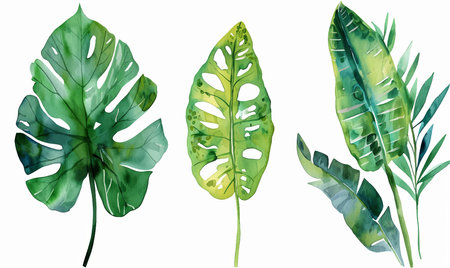 Exotic watercolor tropical leaves and plants backgroundの素材