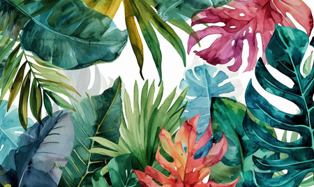 Exotic watercolor tropical leaves and plants backgroundの素材
