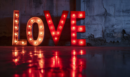 Love valentines day message in illuminated vintage style broadway display letteringの素材