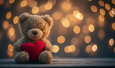 a teddy bear holding a valentine red love heart with bokeh lights in the backgroundの素材