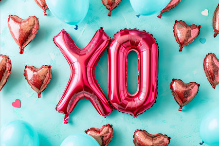 Valentines day poster with shiny foil balloons XO kiss and hug messageの素材