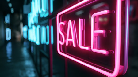 Neon glowing Sale sign. Bright illuminated banner for shopping promotionの素材