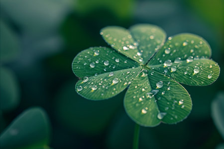 Close up of dew drops on a lucky St Patricks day four leaf cloverの素材