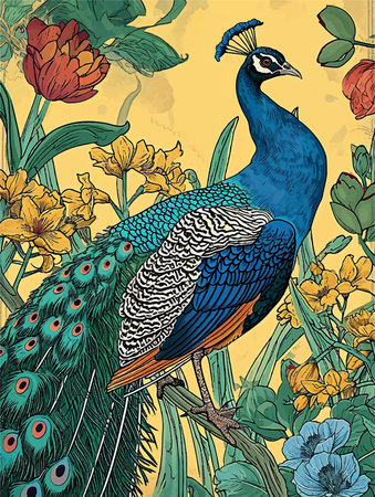 Vintage style peacock and wild flowers, exotic botanical vector wallpaper backgroundの素材