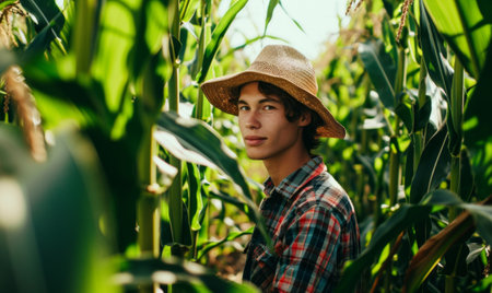 A young farmer standing in the middle of a corn fieldの素材
