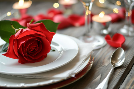 Valentines day romantic restaurant dinner setting with red roseの素材