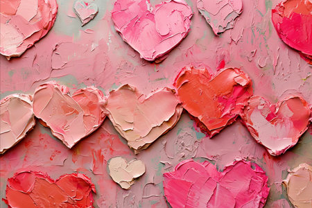Valentines day painted love hearts in thick paint, red orange and pink colorsの素材