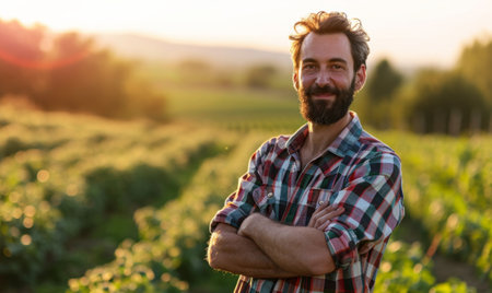 Portrait of a happy young farmer in their field on a summer eveningの素材