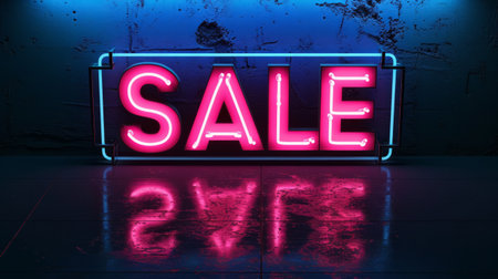 Neon glowing Sale sign. Bright illuminated banner for shopping promotionの素材