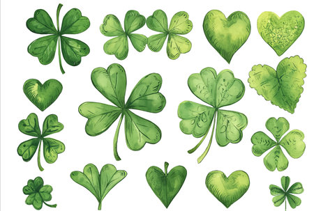 Hand drawn watercolor shamrock four leaf clover collectionの素材