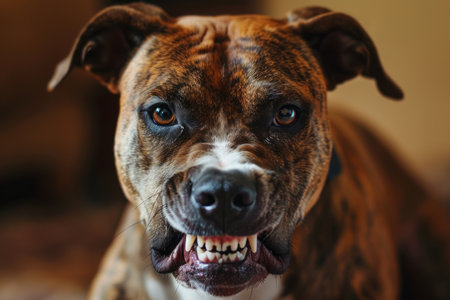 an angry aggressive pit bull terrier type dog snarling at the camera with sharp teethの素材