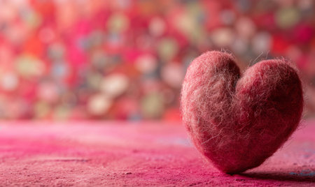 A cute hand made felted love heart on a pink background for Valentines dayの素材