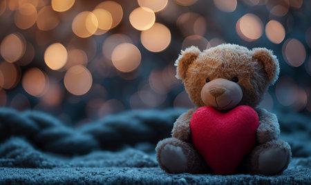 a teddy bear holding a valentine red love heart with bokeh lights in the backgroundの素材