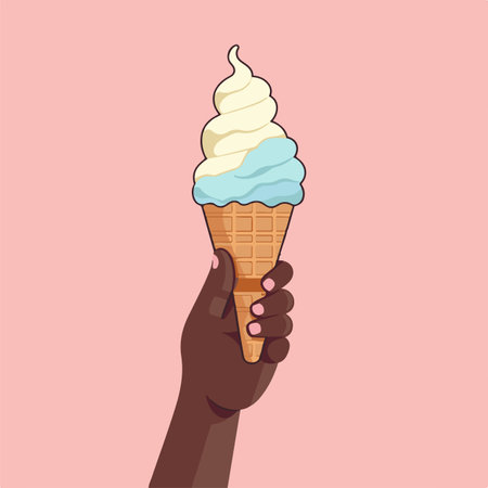 A close up of a hand holding an ice cream cone on a summer day. Flat illustration styleの素材