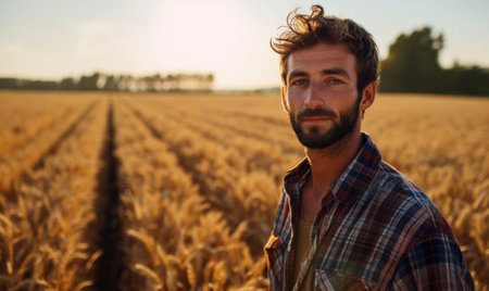 Portrait of a young farmer in a wheat field at sunsetの素材