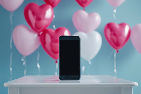 A mobile phone with a blank screen and valentine love balloons in the backgroundの素材