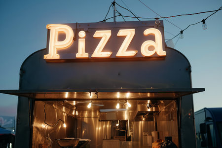 A pizza illuminated sign above a street food vendor truckの素材