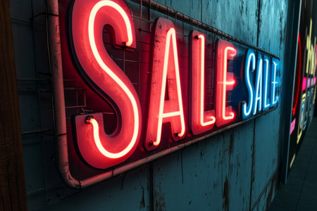 Neon glowing Sale sign. Bright illuminated banner for shopping promotionの素材