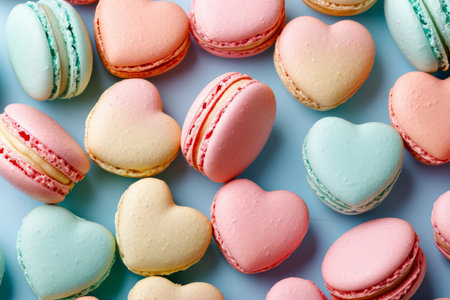 overhead view of pastel color heart shaped valentines day macaroonsの素材