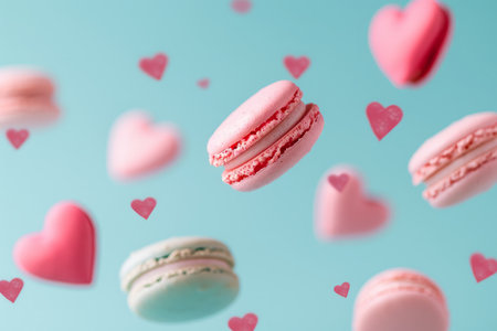 Pink macaroons flying on a pastel background with red love hearts. Valentines sweet giftの素材