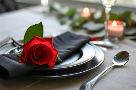 Valentines day romantic restaurant dinner setting with red roseの素材