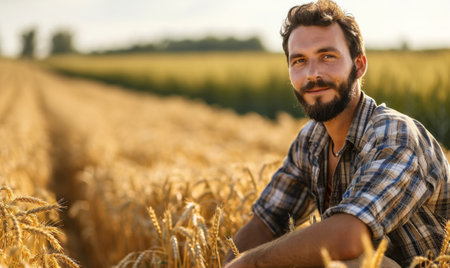 Portrait of a young farmer in a wheat field at sunsetの素材