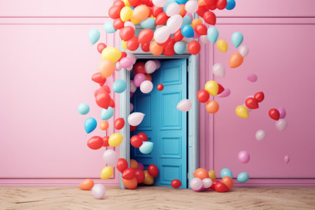 Bright colorful balloons flying through an open doorの素材